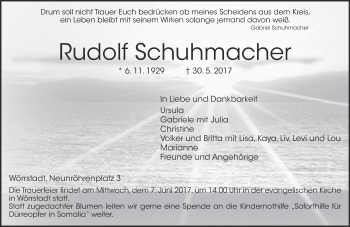Traueranzeige von Rudolf Schuhmacher von Trauerportal Rhein Main Presse