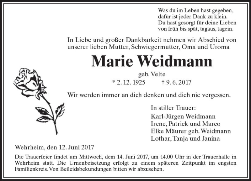  Traueranzeige für Marie Weidmann vom 12.06.2017 aus  Usinger Anzeiger
