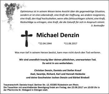 Traueranzeige von Michael Denzin von Trauerportal Rhein Main Presse
