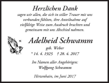 Traueranzeige von Adelheid Schwamm von  Kreisanzeiger