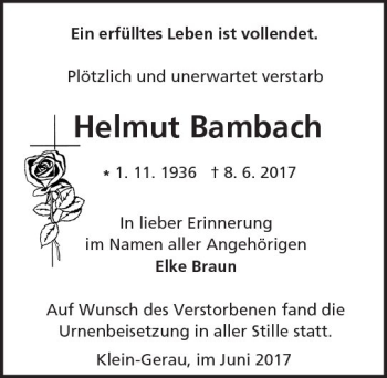 Traueranzeige von Helmut Bambach von Trauerportal Echo Online