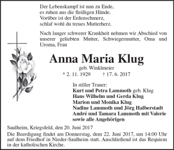 Traueranzeige von Anna Maria Klug von Trauerportal Rhein Main Presse