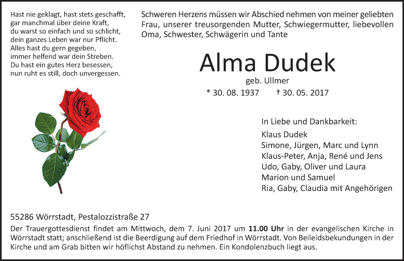  Traueranzeige für Alma Dudek vom 03.06.2017 aus Trauerportal Rhein Main Presse