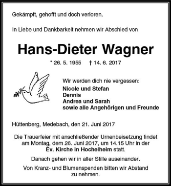 Traueranzeige von Hans-Dieter Wagner von  Gießener Anzeiger