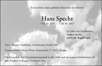 Traueranzeige von Hans Specht von Trauerportal Rhein Main Presse