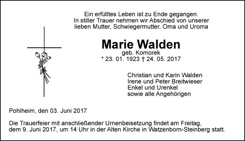  Traueranzeige für Marie Walden vom 03.06.2017 aus  Gießener Anzeiger