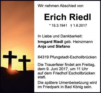 Traueranzeige von Erich Riedl von Trauerportal Echo Online