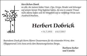 Traueranzeige von Herbert Dobrick von Trauerportal Rhein Main Presse