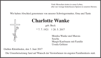 Traueranzeige von Charlotte Wanke von  Gießener Anzeiger