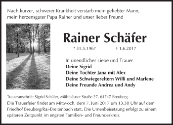 Traueranzeige von Rainer Schäfer von Trauerportal Echo Online