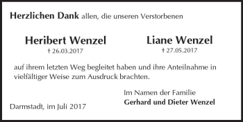 Traueranzeige von Heribert und Liane Wenzel von Trauerportal Echo Online