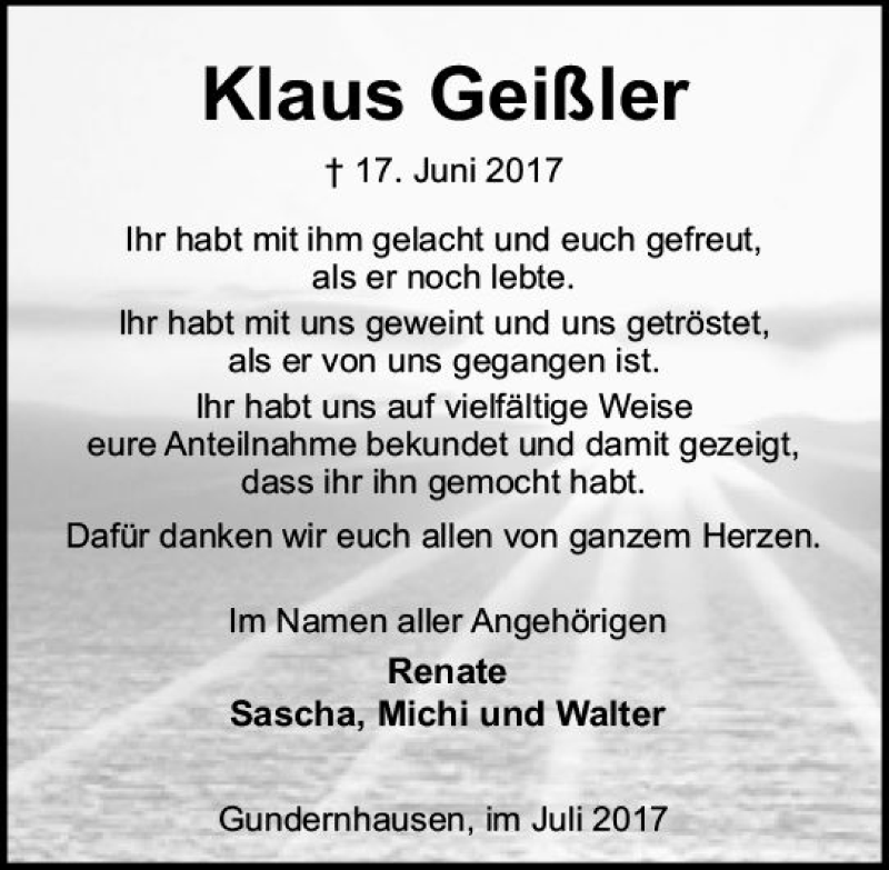  Traueranzeige für Klaus Geißler vom 22.07.2017 aus Trauerportal Echo Online