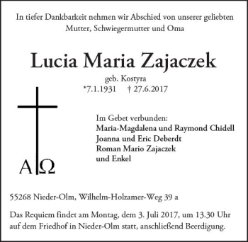 Traueranzeige von Lucia Maria Zajaczek von Trauerportal Rhein Main Presse