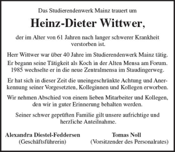 Traueranzeige von Heinz-Dieter Wittwer von Trauerportal Rhein Main Presse