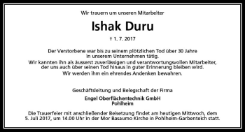 Traueranzeige von Ishak Duru von  Gießener Anzeiger