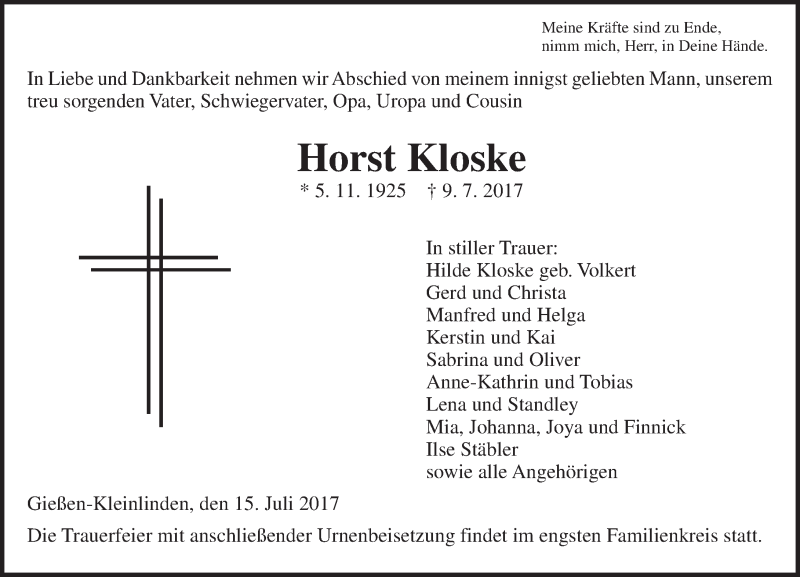 Traueranzeige für Horst Kloske vom 15.07.2017 aus  Gießener Anzeiger