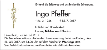 Traueranzeige von Ingo Pfeffer von  Kreisanzeiger