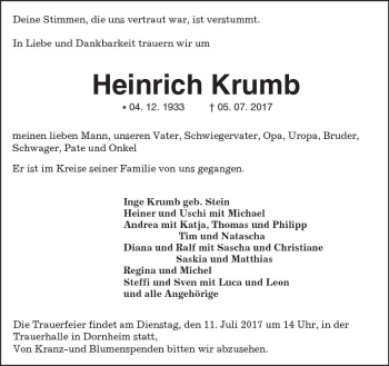 Traueranzeige von Heinrich Krumb von Trauerportal Echo Online