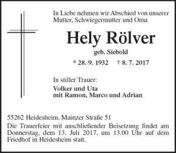 Traueranzeige von Hely Rölver von Trauerportal Rhein Main Presse