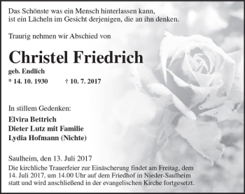 Traueranzeige von Christel Friedrich von Trauerportal Rhein Main Presse