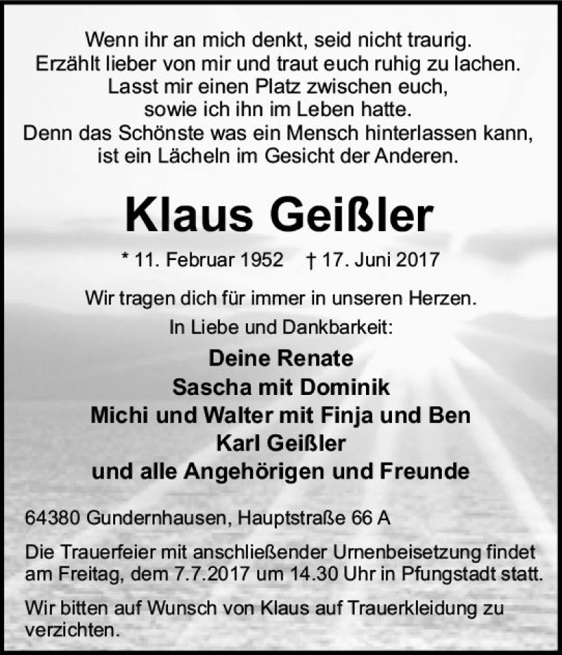  Traueranzeige für Klaus Geißler vom 01.07.2017 aus Trauerportal Echo Online