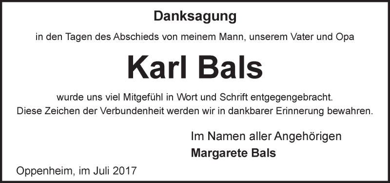  Traueranzeige für Karl Bals vom 15.07.2017 aus Trauerportal Rhein Main Presse