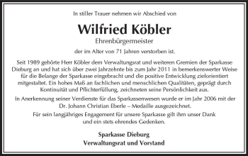 Traueranzeige von Wilfried Köhler von Trauerportal Echo Online