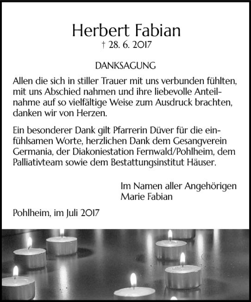  Traueranzeige für Herbert Fabian vom 22.07.2017 aus  Gießener Anzeiger