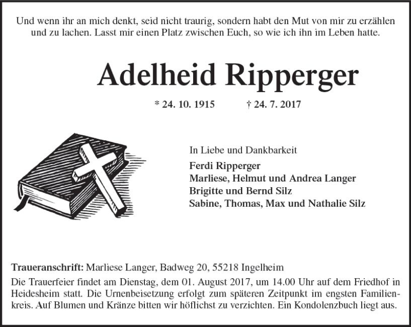  Traueranzeige für Adelheid Ripperger vom 28.07.2017 aus Trauerportal Rhein Main Presse