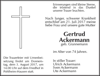 Traueranzeige von Gertrud Ackermann von  Gießener Anzeiger