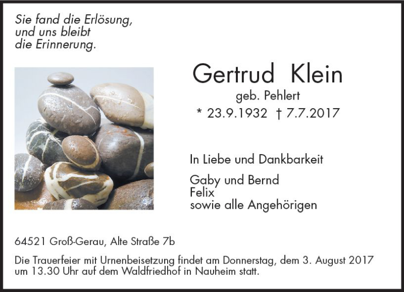  Traueranzeige für Gertrud Klein vom 29.07.2017 aus Trauerportal Rhein Main Presse