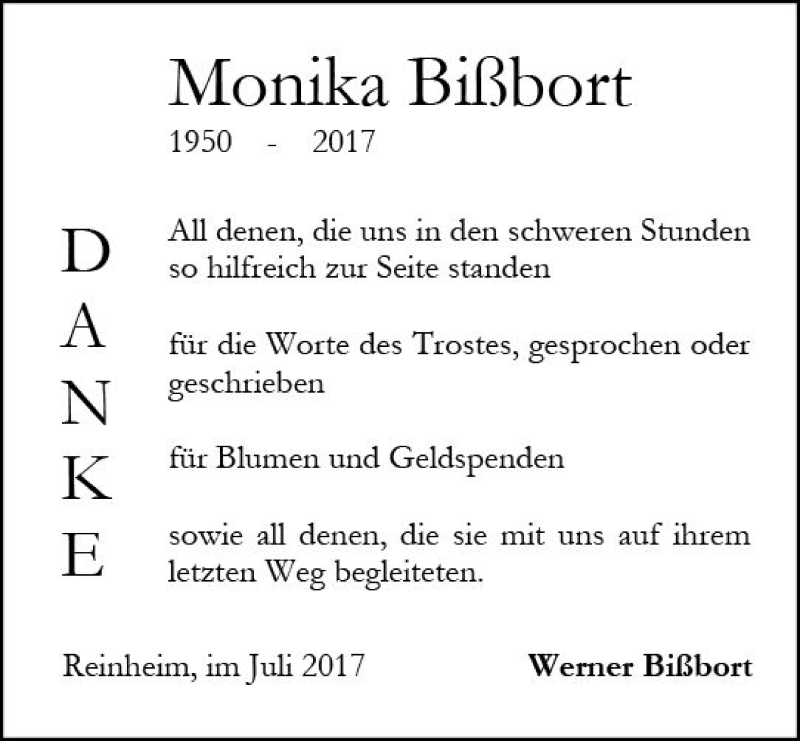  Traueranzeige für Monika Bißbort vom 29.07.2017 aus Trauerportal Echo Online
