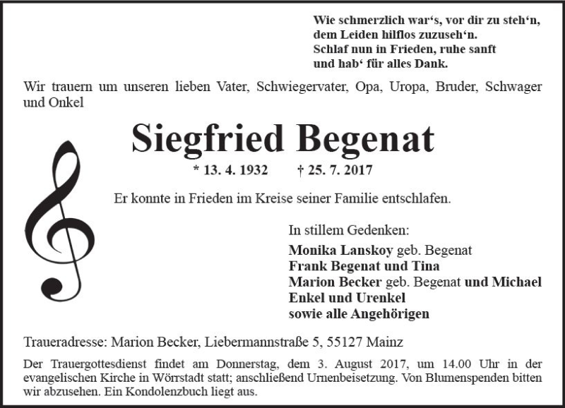  Traueranzeige für Siegfried Begenat vom 29.07.2017 aus Trauerportal Rhein Main Presse