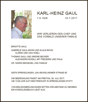 Traueranzeige von Karl-Heinz Gaul von Trauerportal Rhein Main Presse