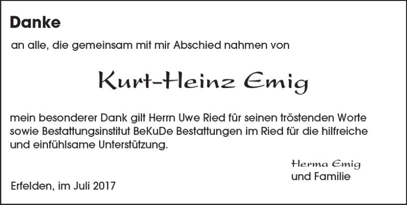 Traueranzeige für Kurt-Heinz Emig vom 08.07.2017 aus Trauerportal Echo Online