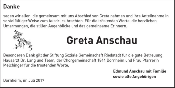 Traueranzeige von Greta Anschau von Trauerportal Echo Online