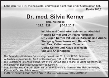 Traueranzeige von Silvia Kerner von Trauerportal Rhein Main Presse