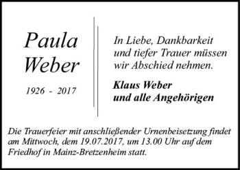 Traueranzeige von Paula Weber von Trauerportal Rhein Main Presse