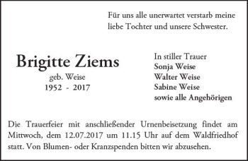 Traueranzeige von Brigitte Ziems von Trauerportal Echo Online