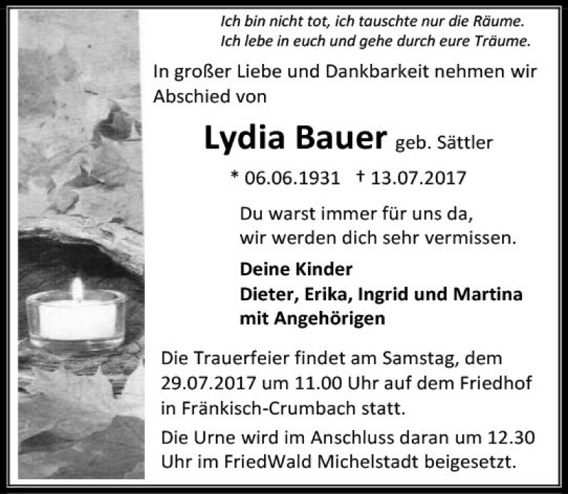  Traueranzeige für Lydia Bauer vom 22.07.2017 aus Trauerportal Echo Online