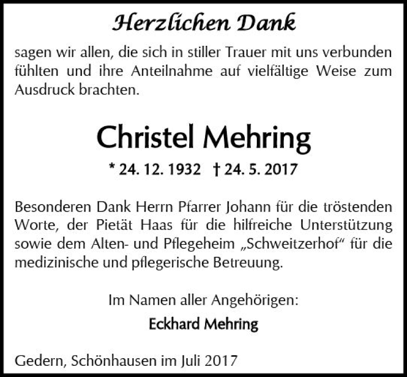  Traueranzeige für Christel Mehring vom 08.07.2017 aus  Kreisanzeiger