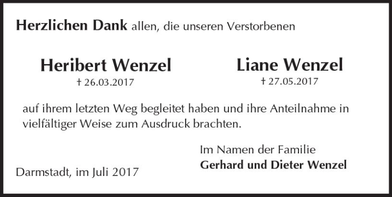  Traueranzeige für Heribert und Liane Wenzel vom 01.07.2017 aus Trauerportal Echo Online