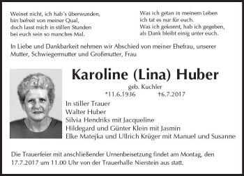 Traueranzeige von Karoline Huber von Trauerportal Rhein Main Presse
