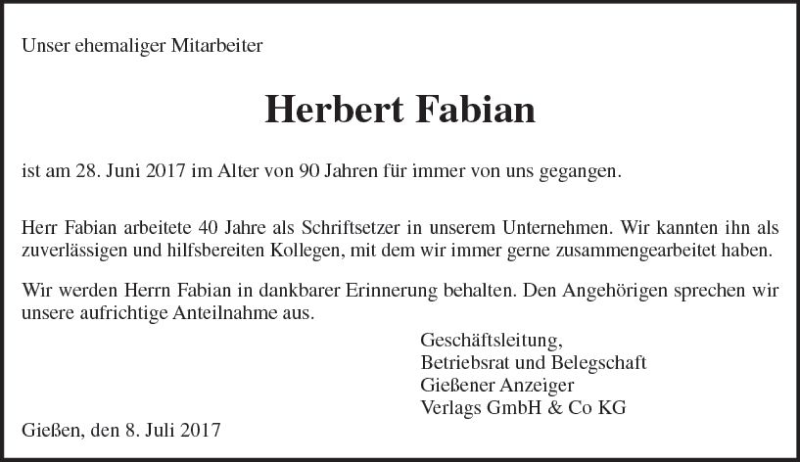  Traueranzeige für Herbert Fabian vom 08.07.2017 aus  Gießener Anzeiger