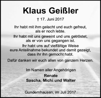 Traueranzeige von Klaus Geißler von Trauerportal Echo Online