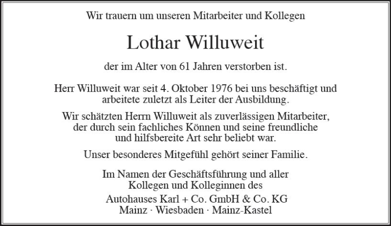  Traueranzeige für Lothar Willuweit vom 22.07.2017 aus Trauerportal Rhein Main Presse