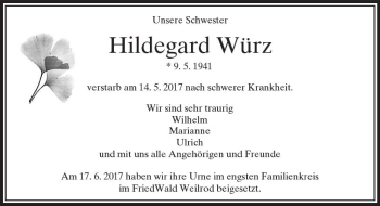 Traueranzeige von Hildegard Würz von  Usinger Anzeiger