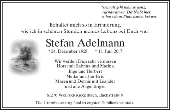 Traueranzeige von Stefan Adelmann von  Usinger Anzeiger