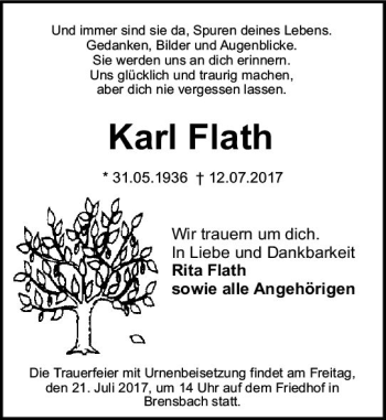 Traueranzeige von Karl Flath von Trauerportal Echo Online