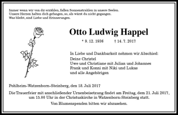 Traueranzeige von Otto Ludwig Happel von  Gießener Anzeiger